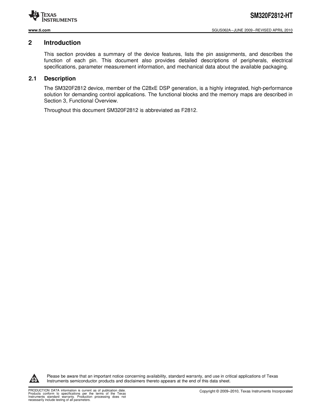 Texas Instruments SM320F2812-HT specifications Introduction, Description 