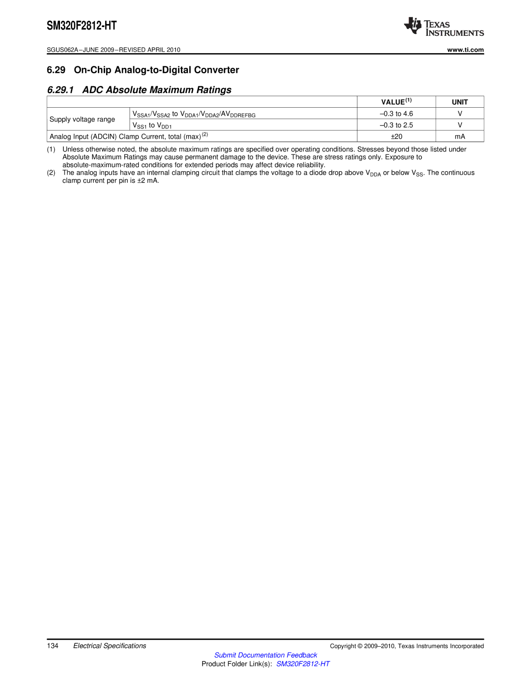 Texas Instruments SM320F2812-HT specifications On-Chip Analog-to-Digital Converter, ADC Absolute Maximum Ratings 