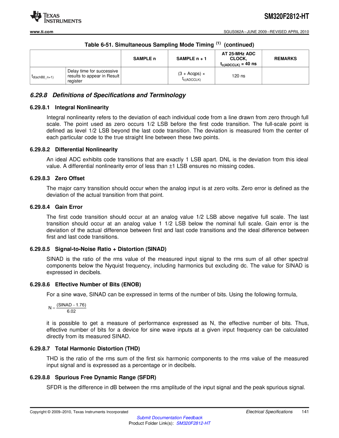 Texas Instruments SM320F2812-HT specifications Definitions of Specifications and Terminology 