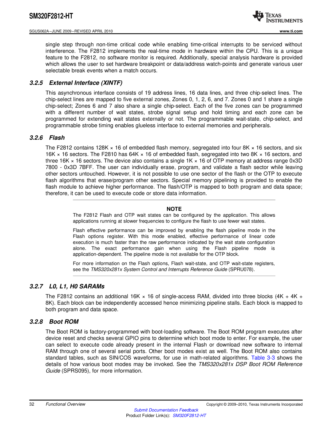 Texas Instruments SM320F2812-HT specifications External Interface Xintf, Flash, 7 L0, L1, H0 SARAMs, Boot ROM 