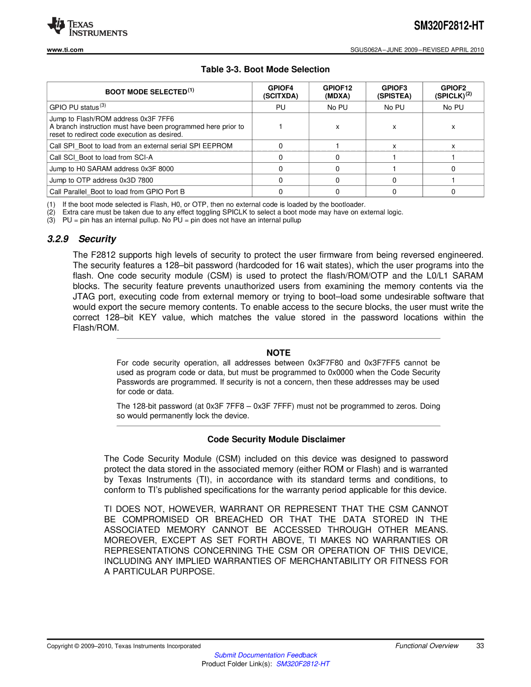 Texas Instruments SM320F2812-HT specifications Boot Mode Selection, Code Security Module Disclaimer 