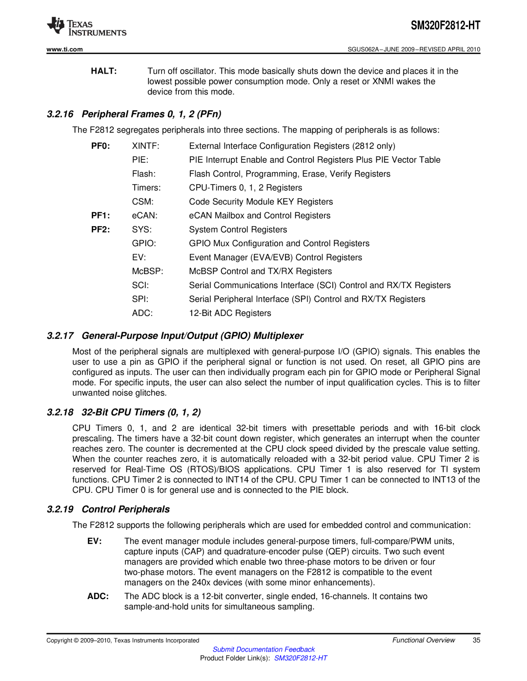 Texas Instruments SM320F2812-HT specifications Peripheral Frames 0, 1, 2 PFn, General-Purpose Input/Output Gpio Multiplexer 