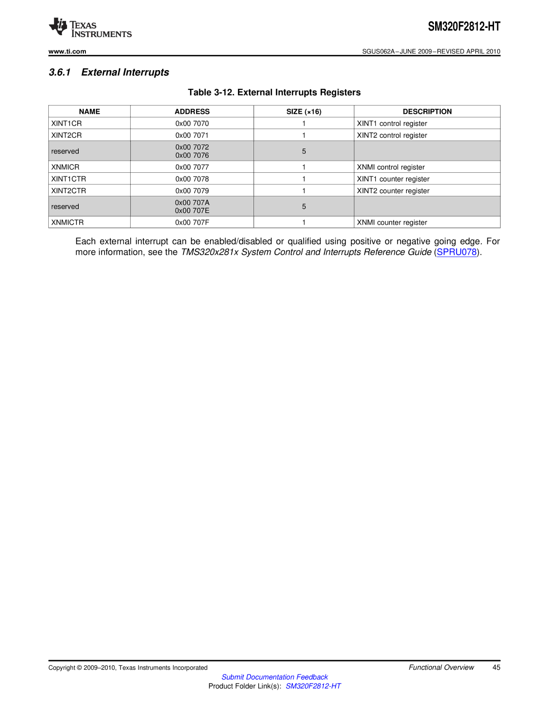 Texas Instruments SM320F2812-HT specifications External Interrupts Registers 