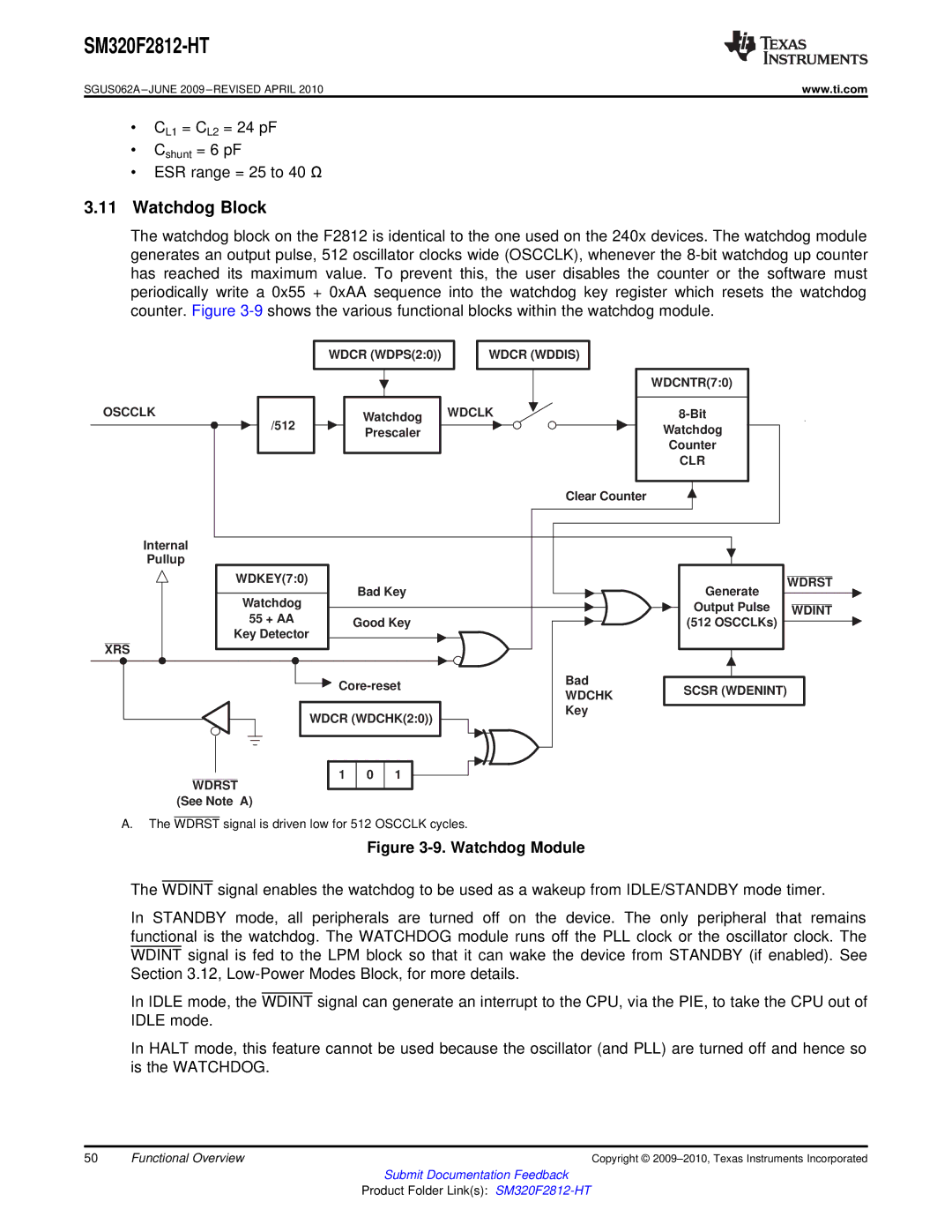 Texas Instruments SM320F2812-HT specifications Watchdog Block 