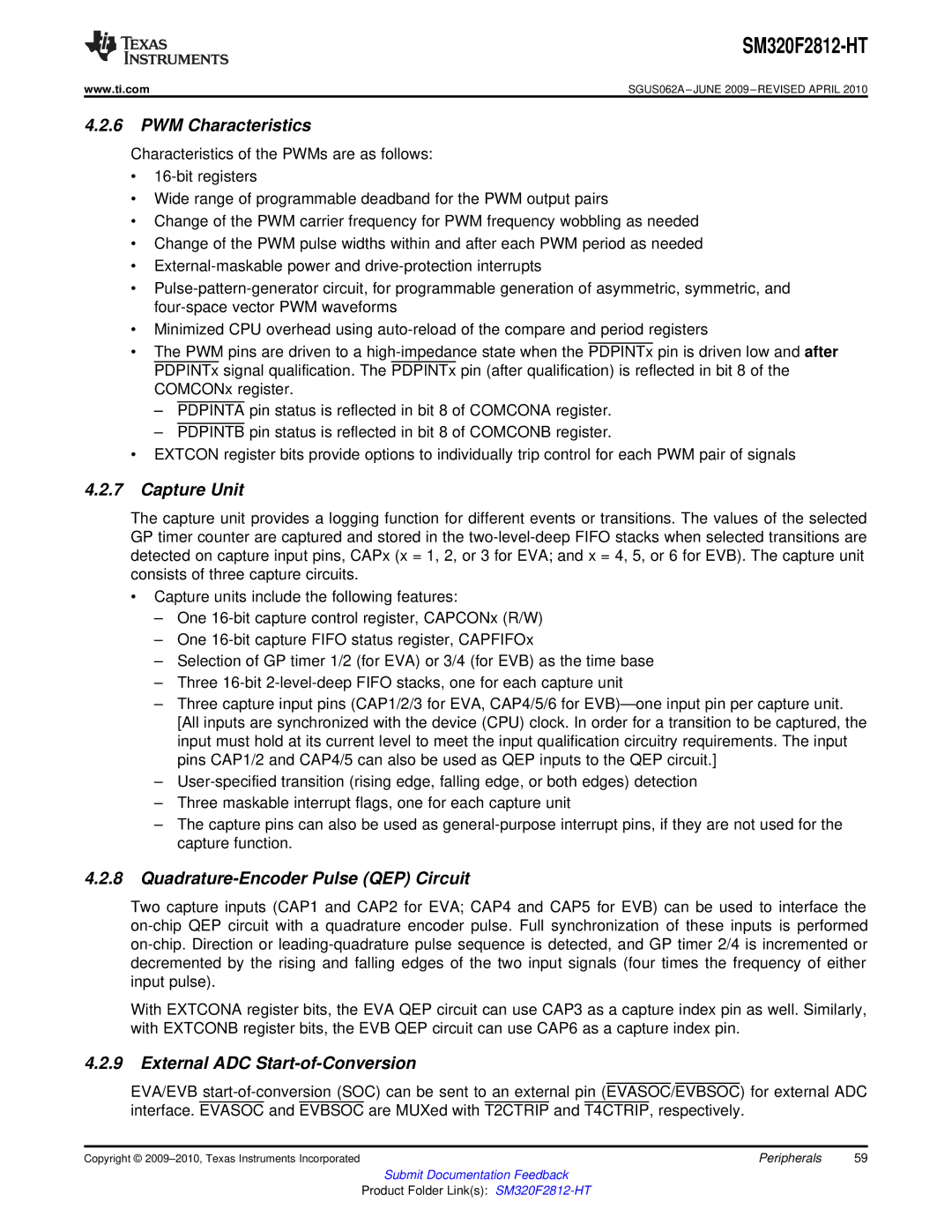 Texas Instruments SM320F2812-HT specifications PWM Characteristics, Capture Unit, Quadrature-Encoder Pulse QEP Circuit 