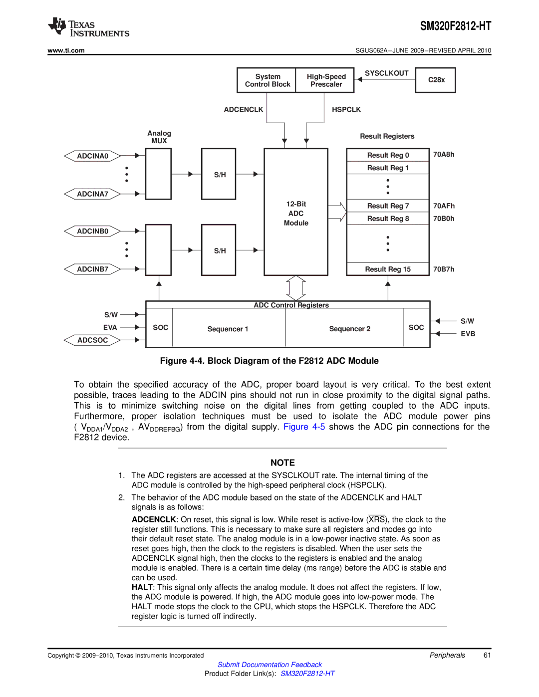 Texas Instruments SM320F2812-HT specifications Adcenclk Hspclk, MUX ADCINA0, ADCINA7, ADCINB0 ADCINB7, Eva Soc, Adcsoc 