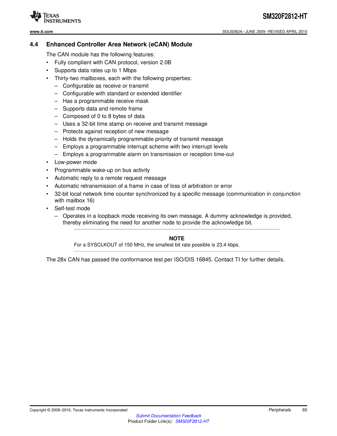 Texas Instruments SM320F2812-HT specifications Enhanced Controller Area Network eCAN Module 