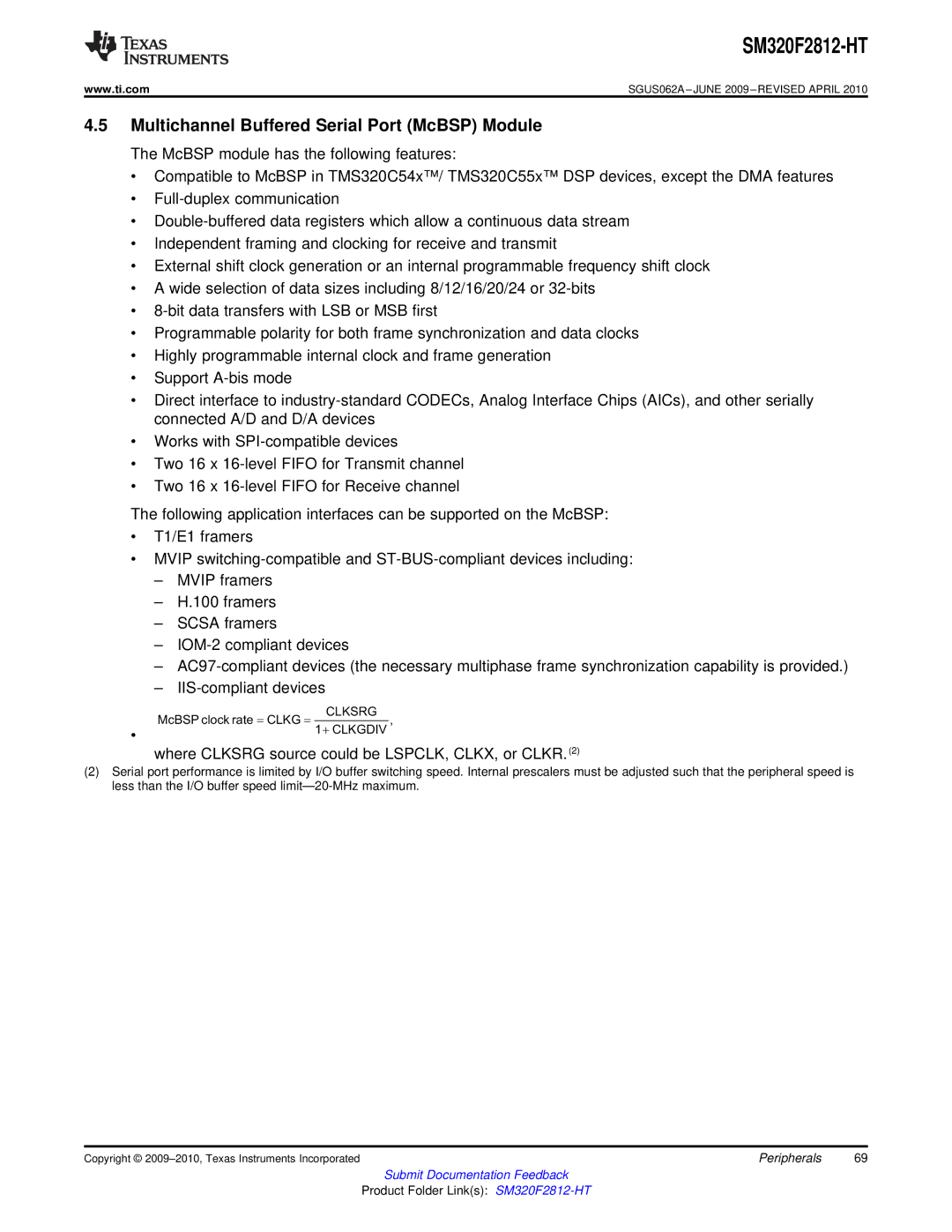 Texas Instruments SM320F2812-HT specifications Multichannel Buffered Serial Port McBSP Module 