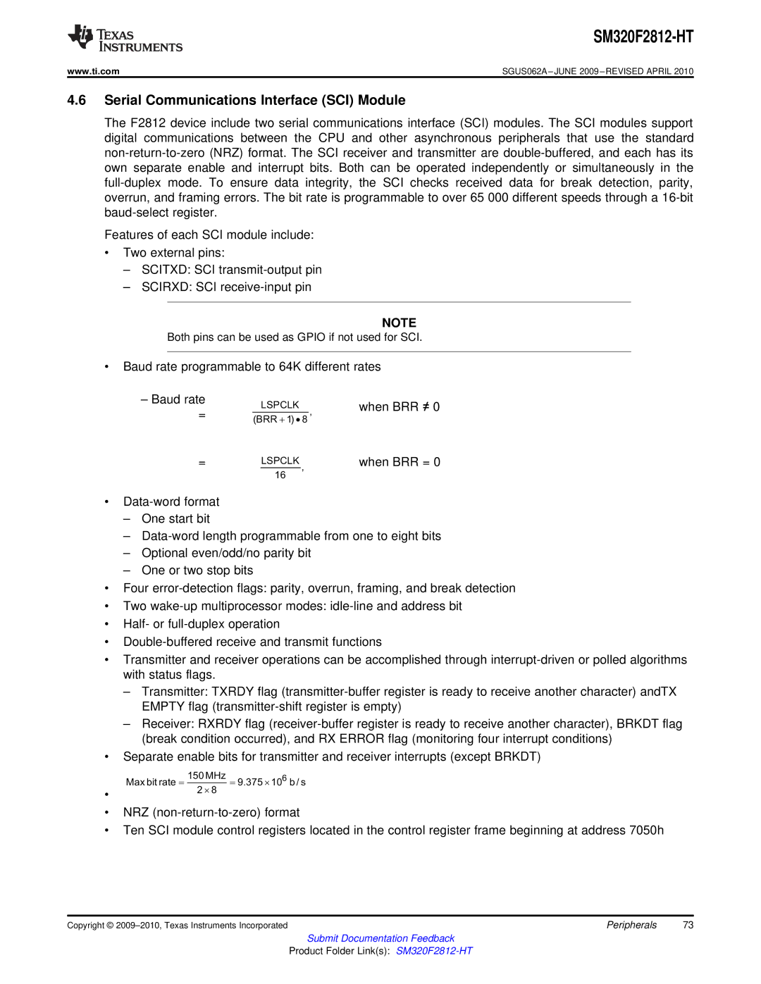 Texas Instruments SM320F2812-HT specifications Serial Communications Interface SCI Module 