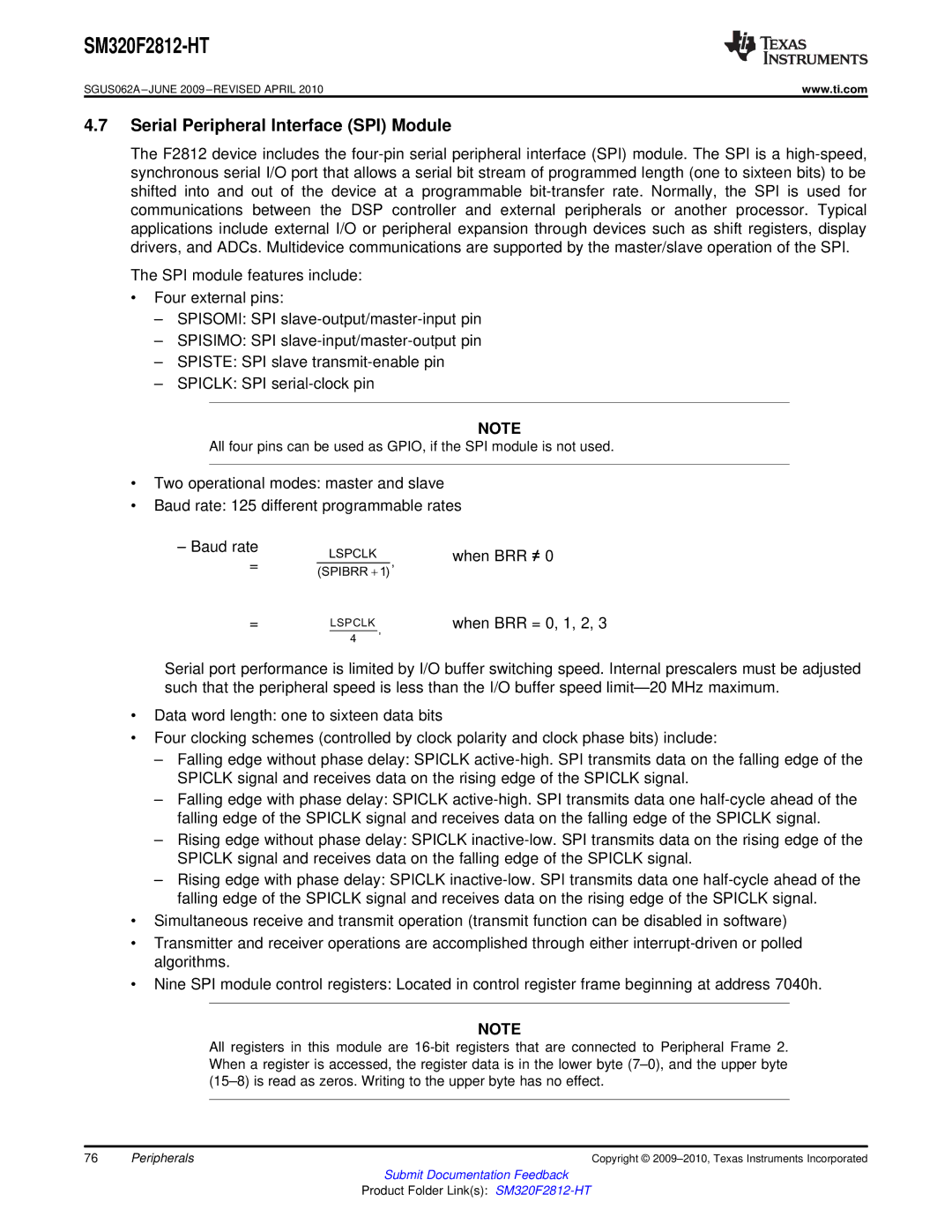 Texas Instruments SM320F2812-HT specifications Serial Peripheral Interface SPI Module 