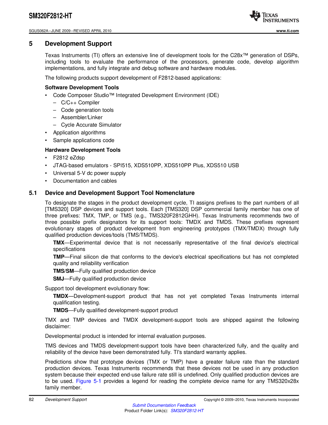Texas Instruments SM320F2812-HT specifications Device and Development Support Tool Nomenclature, Software Development Tools 
