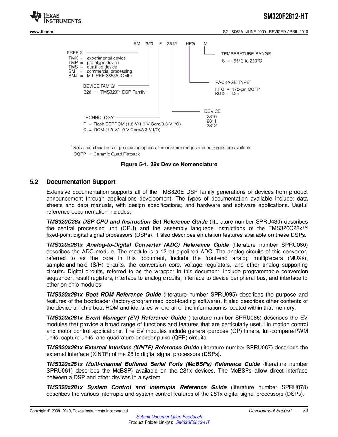 Texas Instruments SM320F2812-HT specifications Documentation Support 