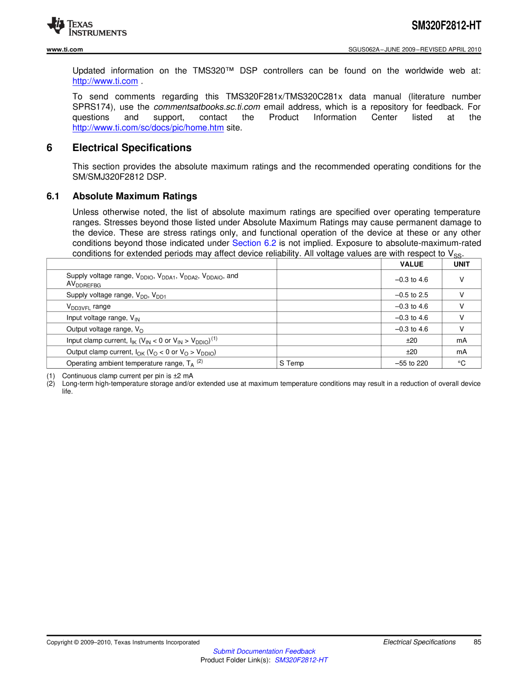 Texas Instruments SM320F2812-HT specifications Absolute Maximum Ratings, Value Unit 