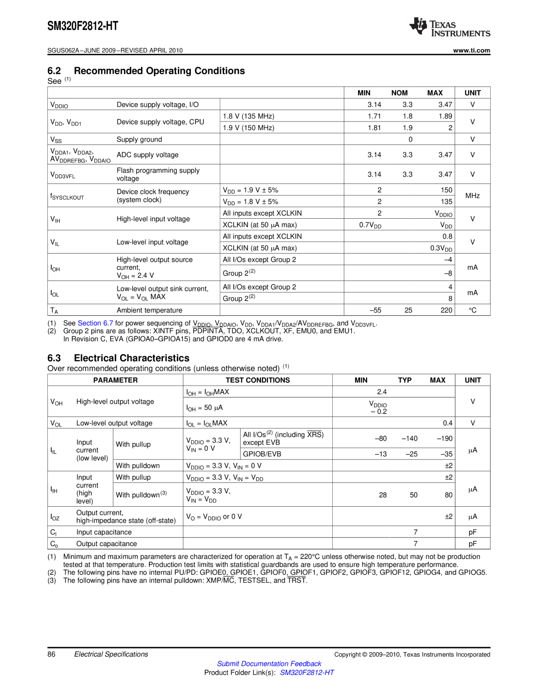 Texas Instruments SM320F2812-HT Recommended Operating Conditions, Electrical Characteristics, MIN NOM MAX Unit 