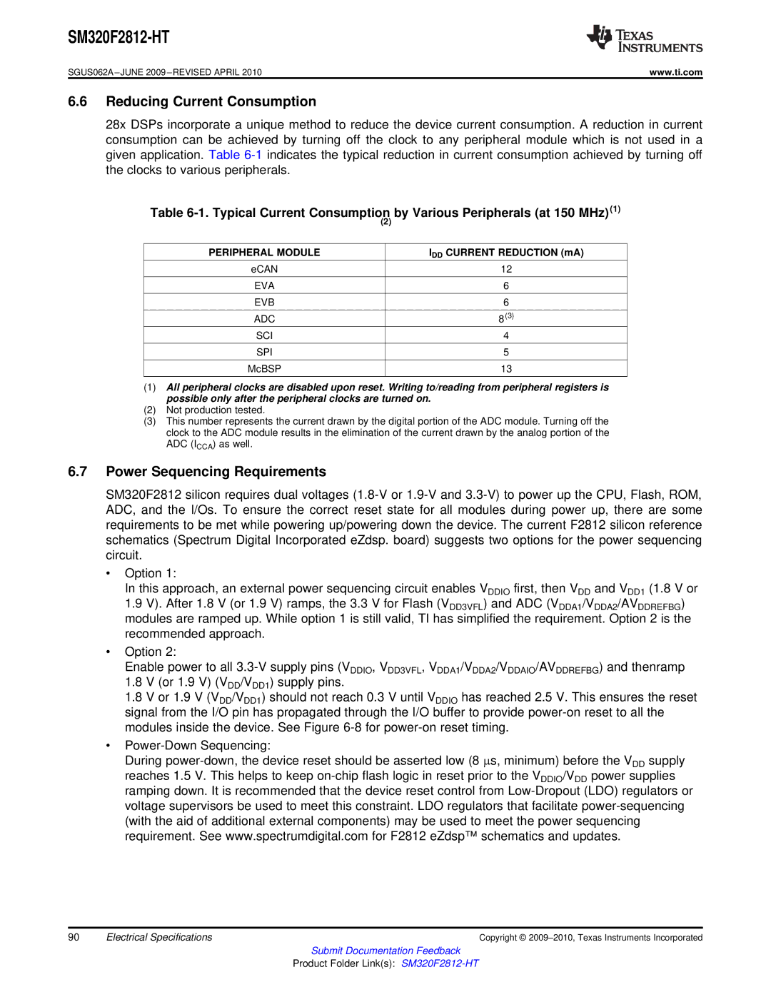 Texas Instruments SM320F2812-HT Reducing Current Consumption, Power Sequencing Requirements, Peripheral Module 
