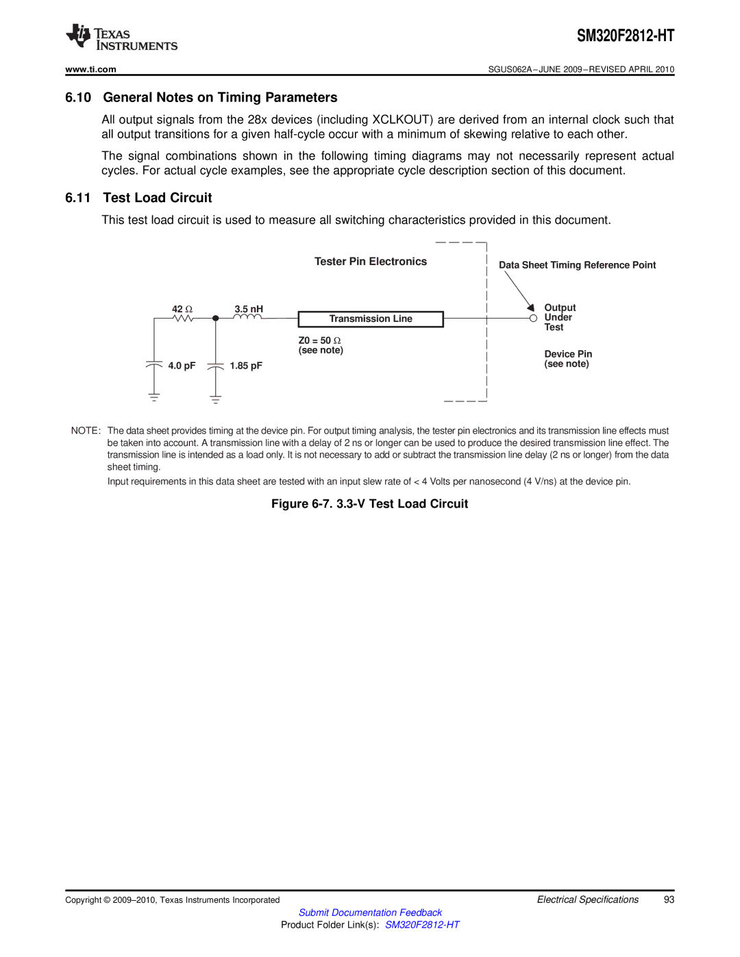 Texas Instruments SM320F2812-HT specifications General Notes on Timing Parameters, Test Load Circuit, 85 pF 