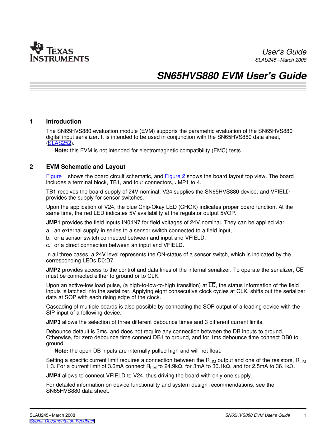 Texas Instruments SLAU245 manual SN65HVS880 EVM Users Guide 