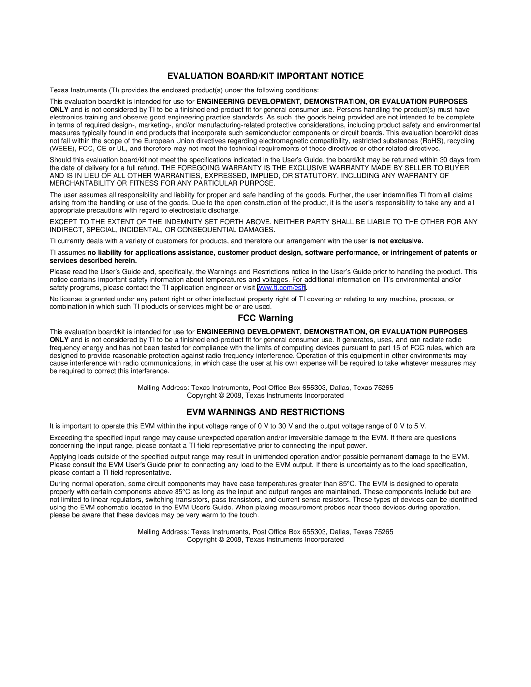 Texas Instruments SLAU245, SN65HVS880 manual Evaluation BOARD/KIT Important Notice, EVM Warnings and Restrictions 