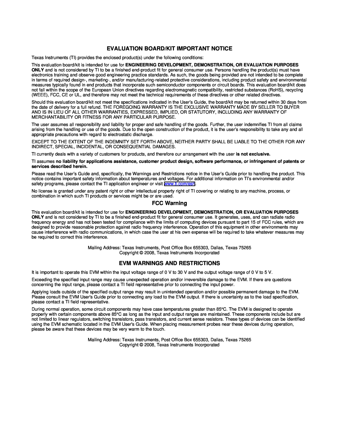 Texas Instruments SLAU245, SN65HVS880 Evaluation Board/Kit Important Notice, FCC Warning, Evm Warnings And Restrictions 