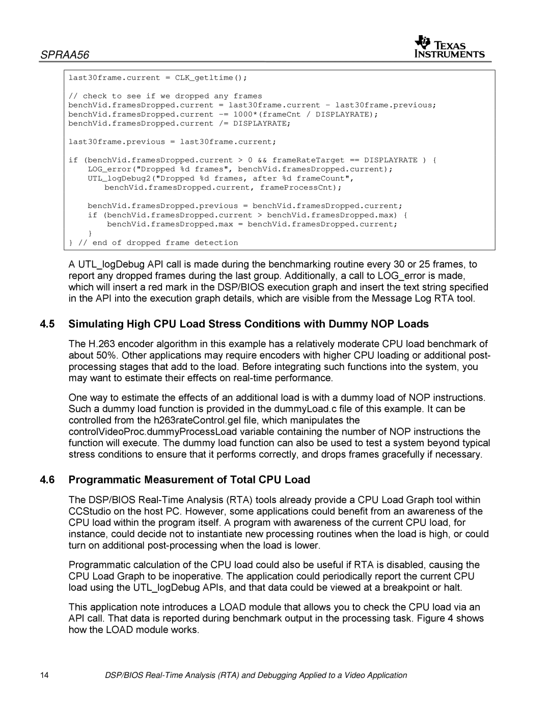 Texas Instruments SPRAA56 appendix Programmatic Measurement of Total CPU Load 