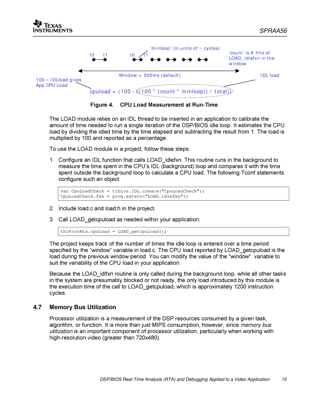 Texas Instruments SPRAA56 appendix Memory Bus Utilization, CPU Load Measurement at Run-Time 