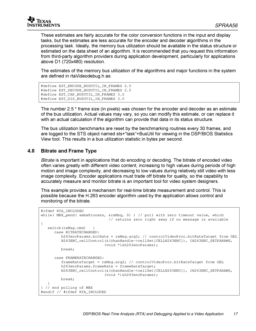 Texas Instruments SPRAA56 appendix Bitrate and Frame Type 