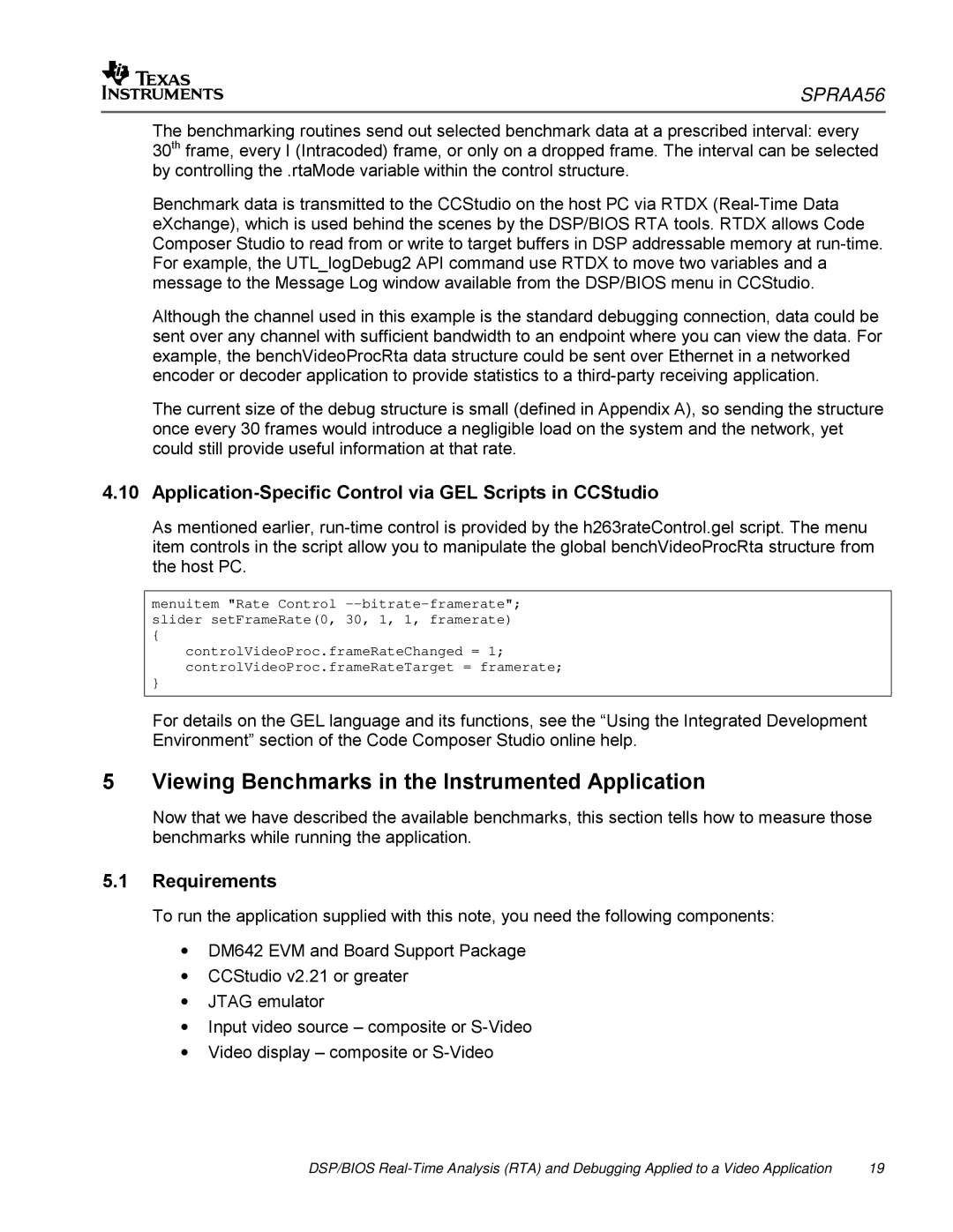 Texas Instruments SPRAA56 appendix Viewing Benchmarks in the Instrumented Application, Requirements 