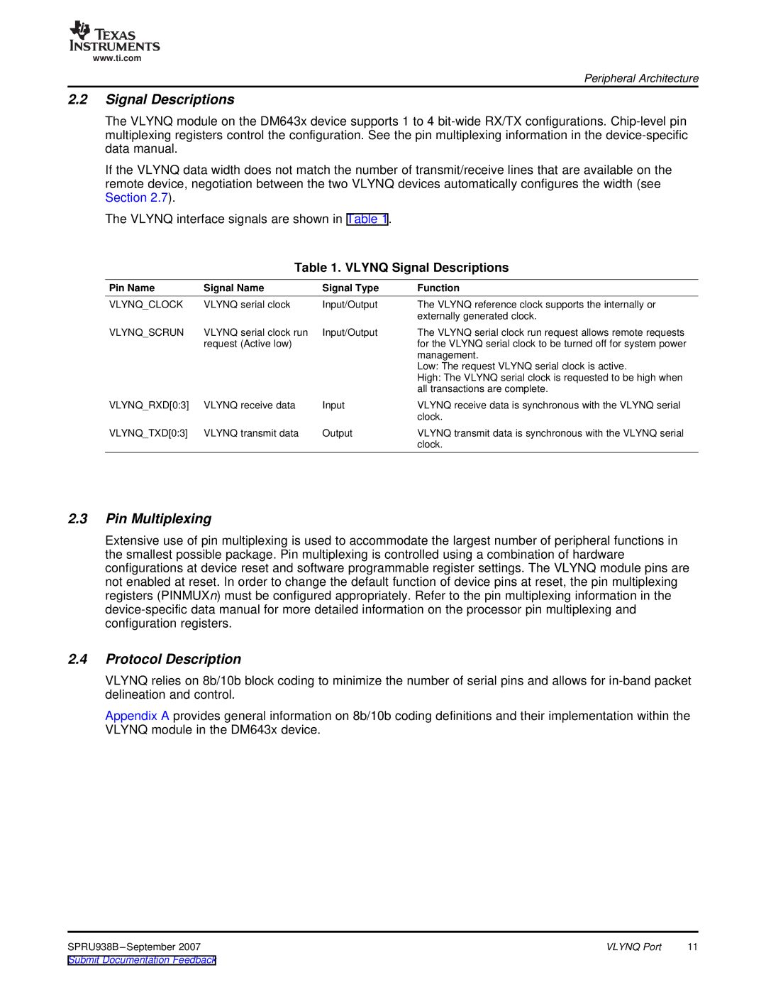 Texas Instruments SPRU938B manual Pin Multiplexing, Protocol Description, Vlynq Signal Descriptions 