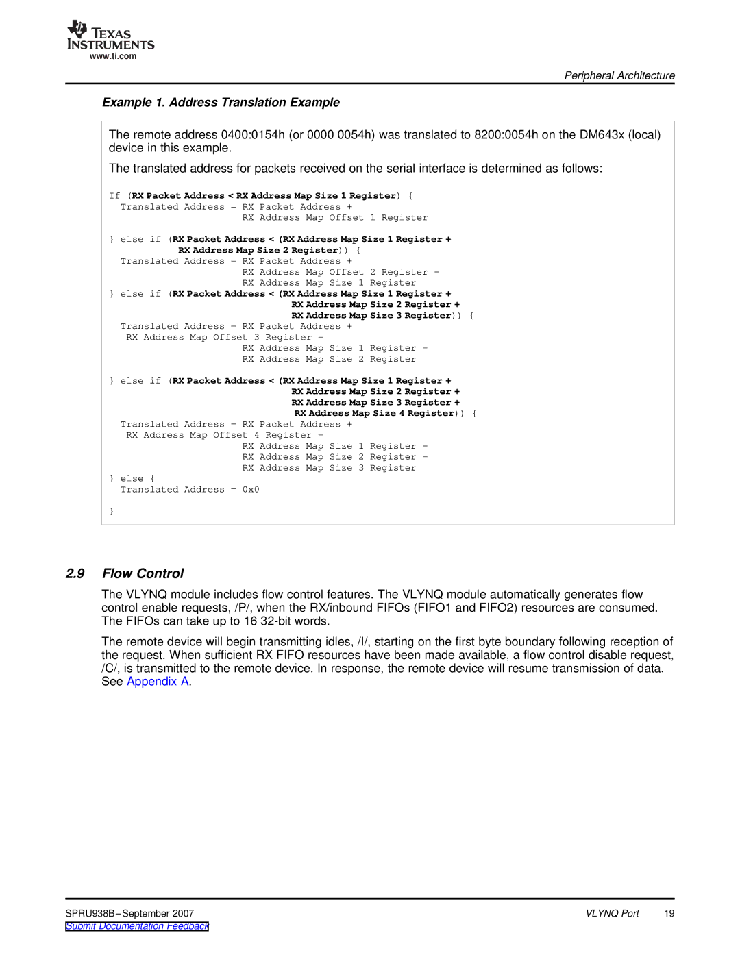 Texas Instruments SPRU938B manual Flow Control, Example 1. Address Translation Example 