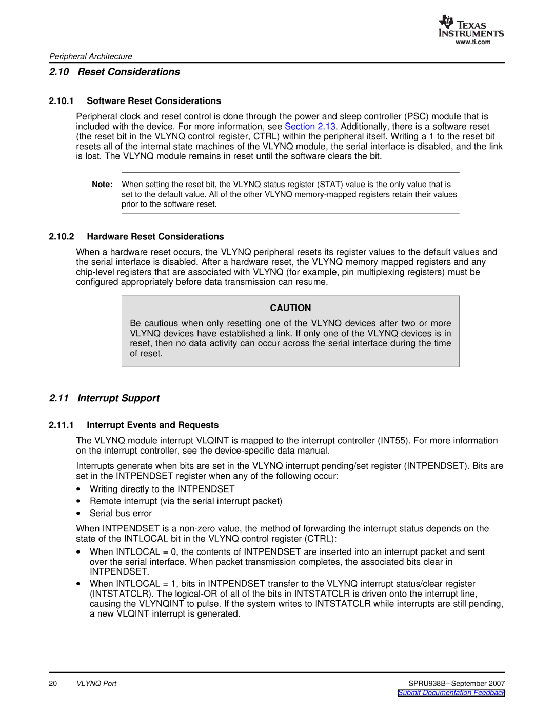 Texas Instruments SPRU938B manual Interrupt Support, Software Reset Considerations, Hardware Reset Considerations 