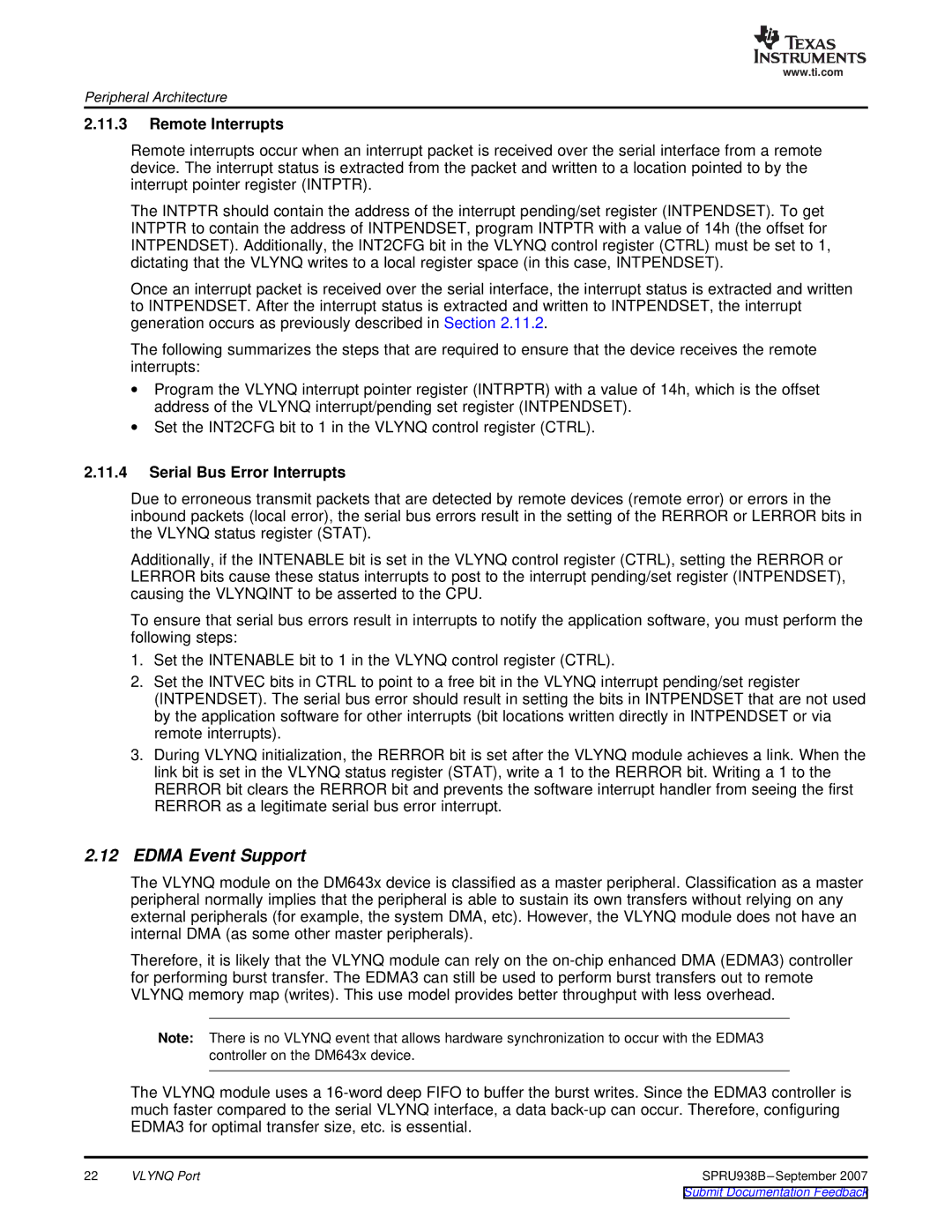 Texas Instruments SPRU938B manual Edma Event Support, Remote Interrupts, Serial Bus Error Interrupts 