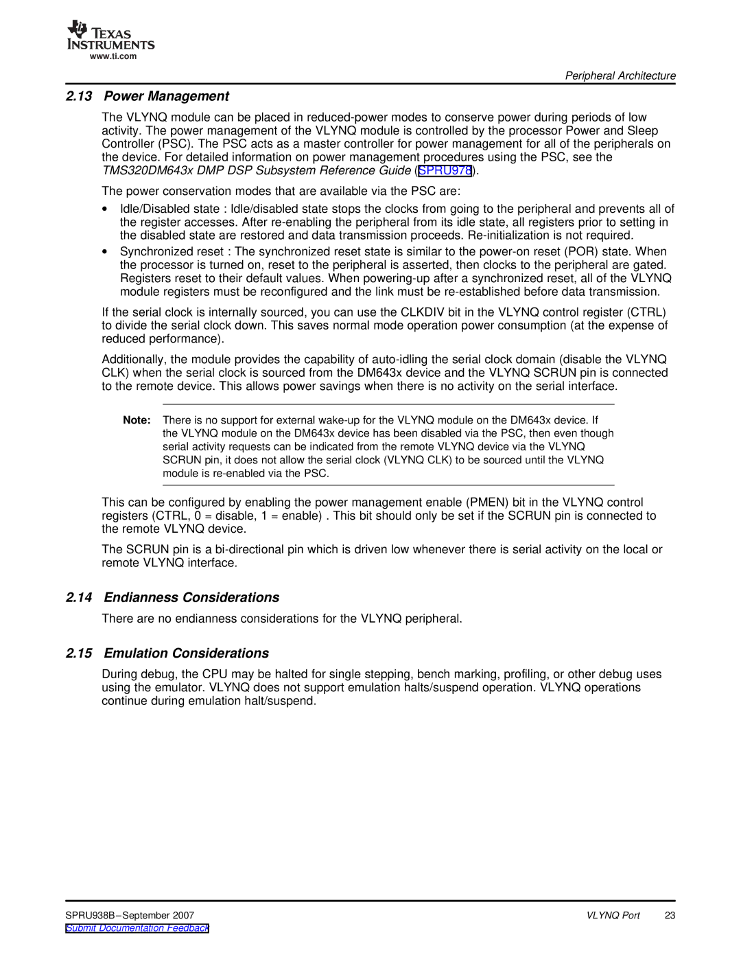 Texas Instruments SPRU938B manual Power Management, Endianness Considerations, Emulation Considerations 