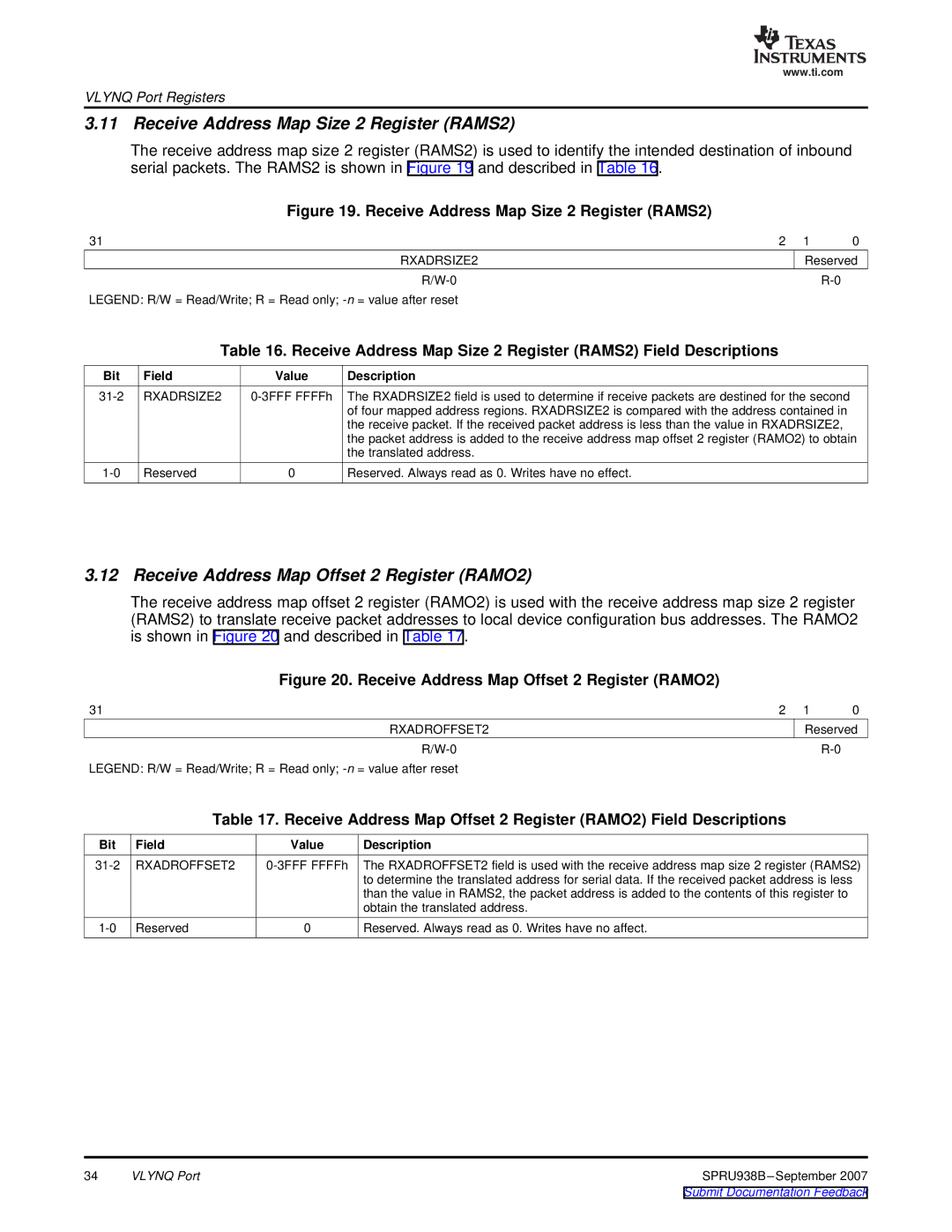 Texas Instruments SPRU938B manual Receive Address Map Size 2 Register RAMS2, Receive Address Map Offset 2 Register RAMO2 