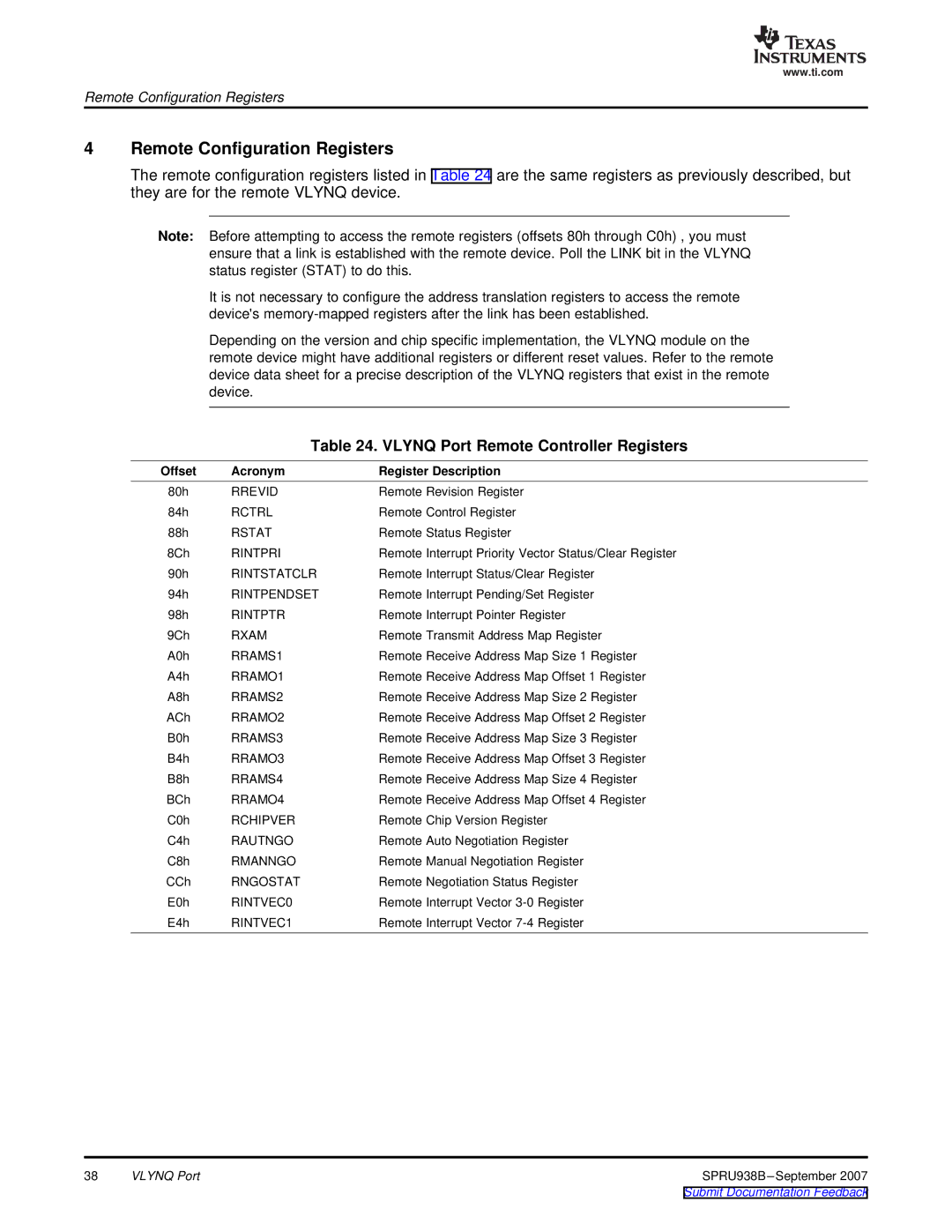 Texas Instruments SPRU938B manual Vlynq Port Remote Controller Registers 