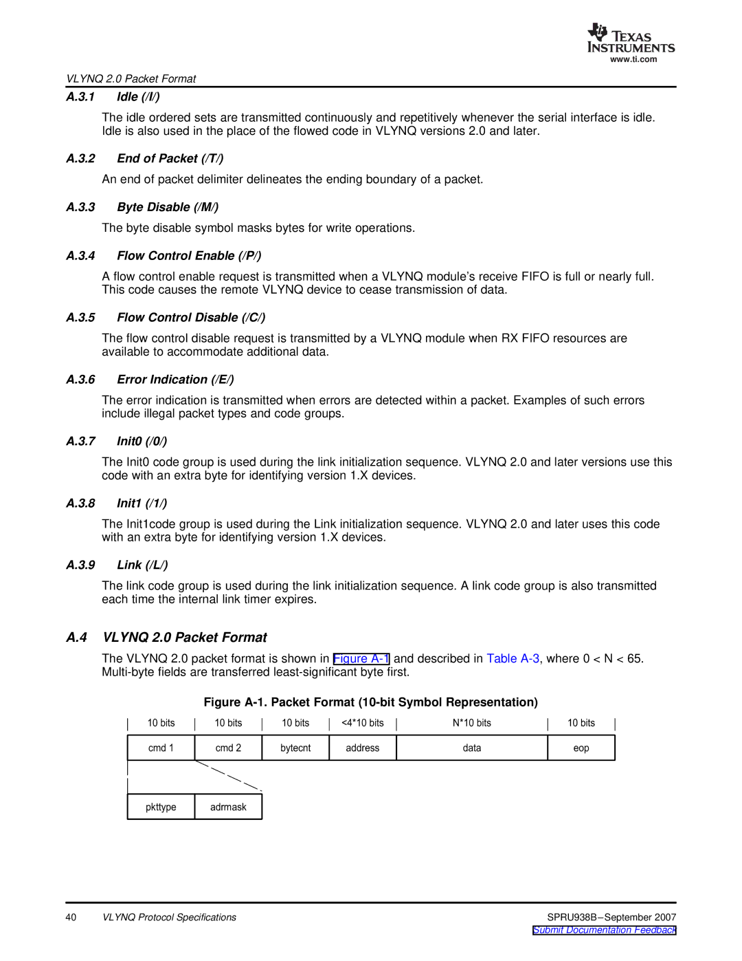 Texas Instruments SPRU938B manual Vlynq 2.0 Packet Format, Figure A-1. Packet Format 10-bit Symbol Representation 