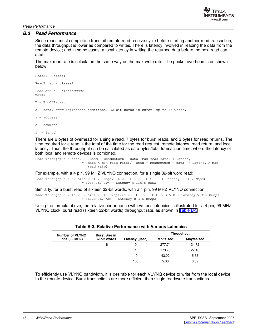 Texas Instruments SPRU938B manual Read Performance, Table B-3. Relative Performance with Various Latencies, Throughput 