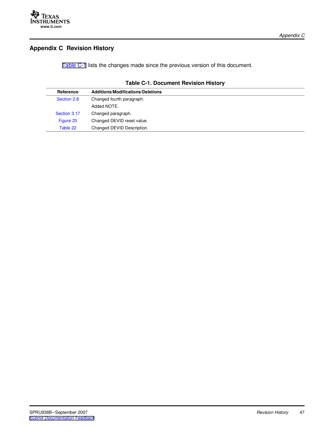 Texas Instruments SPRU938B manual Table C-1. Document Revision History, Reference Additions/Modifications/Deletions 