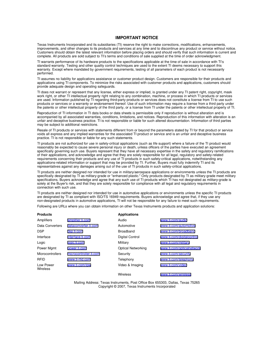 Texas Instruments SPRU938B manual Products Applications, Dsp, Rfid 