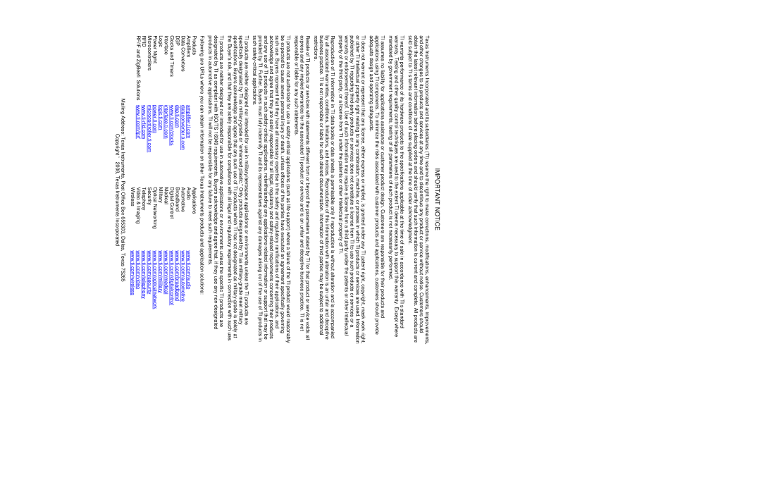 Texas Instruments TA5704EVM manual Important Notice 