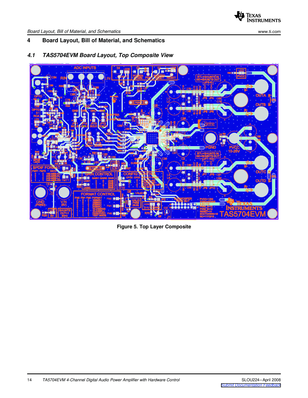 Texas Instruments TA5704EVM Board Layout, Bill of Material, and Schematics, 4.1TAS5704EVM Board Layout, Top Composite View 