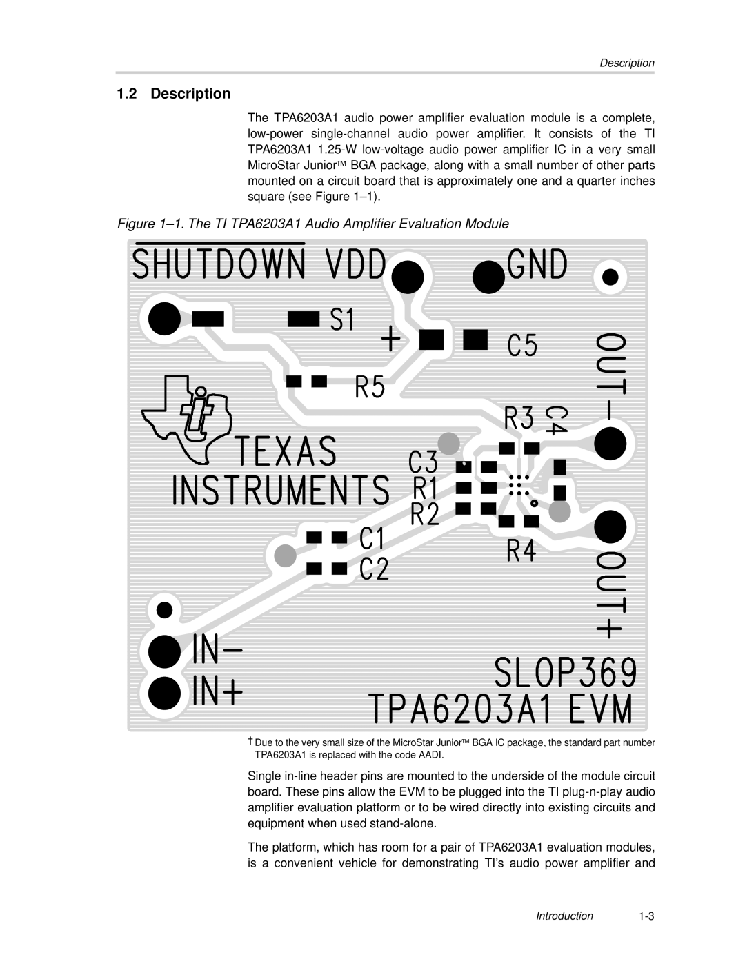 Texas Instruments TAP6203A1 manual Description, TI TPA6203A1 Audio Amplifier Evaluation Module 