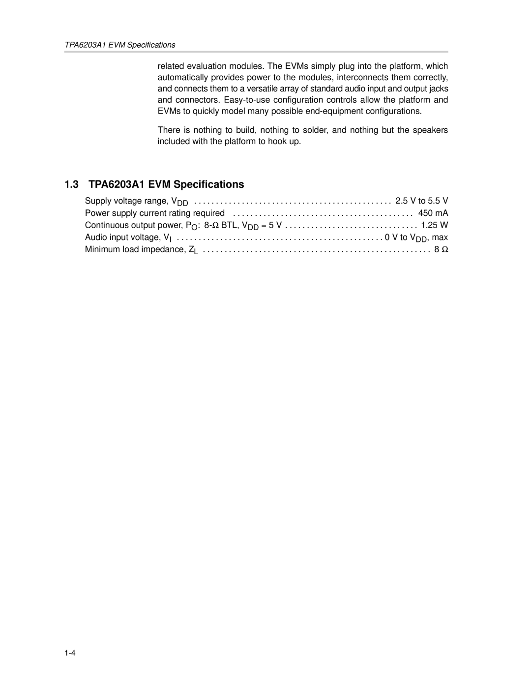 Texas Instruments TAP6203A1 manual TPA6203A1 EVM Specifications 