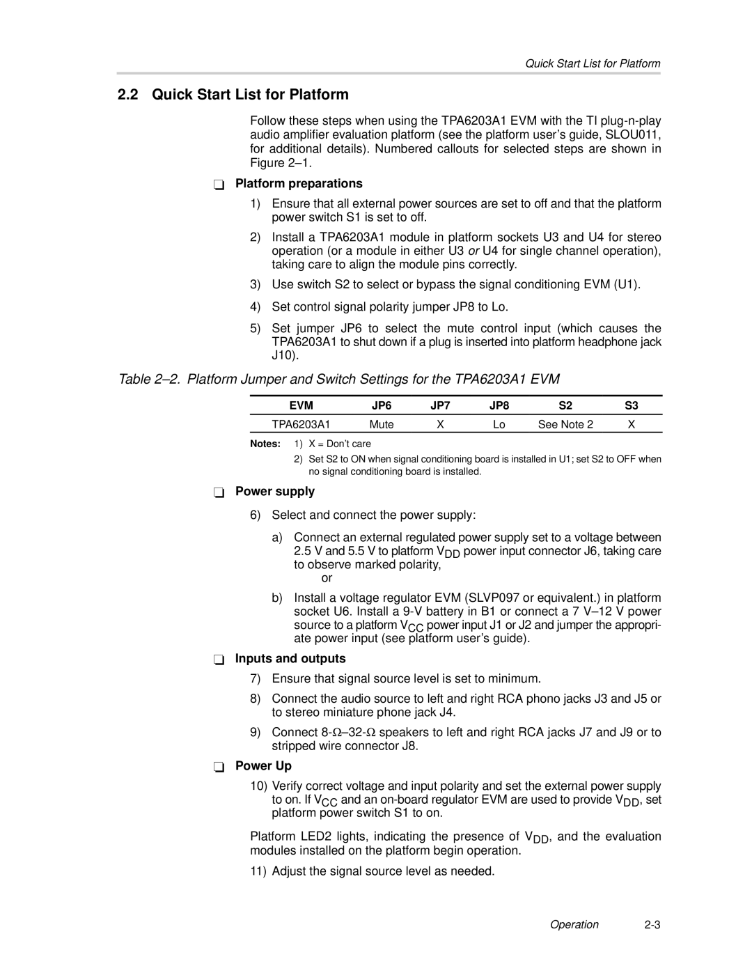 Texas Instruments TAP6203A1 manual Quick Start List for Platform, Platform preparations 