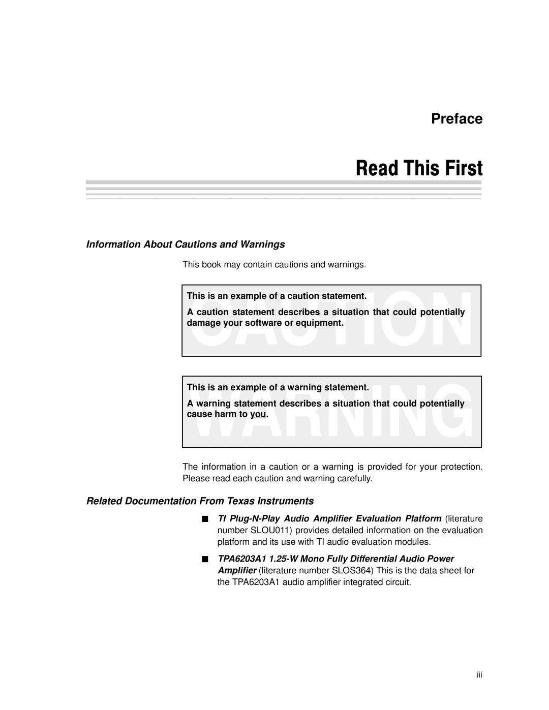 Texas Instruments TAP6203A1 manual Read This First, Information About Cautions and Warnings 