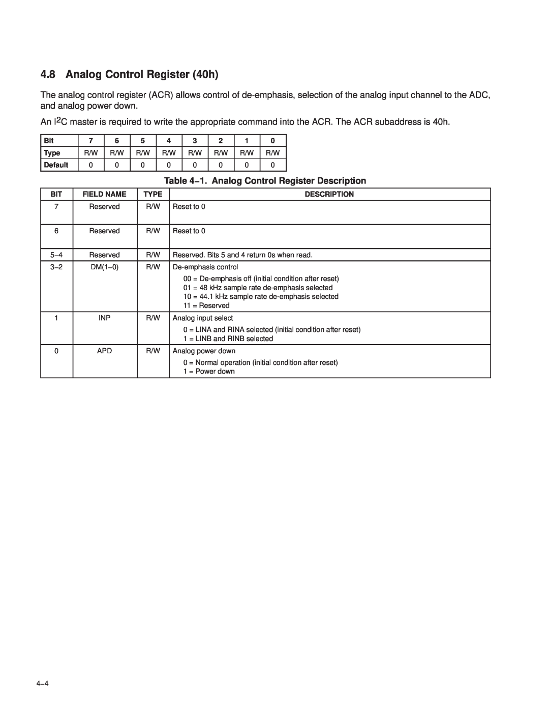Texas Instruments TAS3002 manual Analog Control Register 40h, 1. Analog Control Register Description 