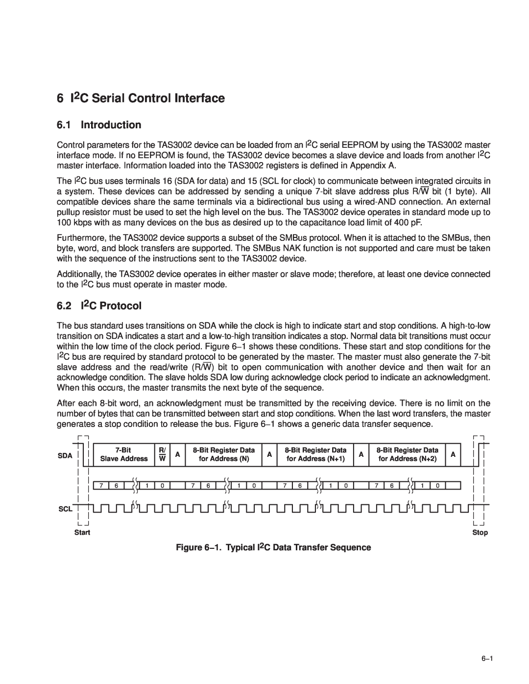 Texas Instruments TAS3002 manual 6 I2C Serial Control Interface, Introduction, 6.2 I2C Protocol 