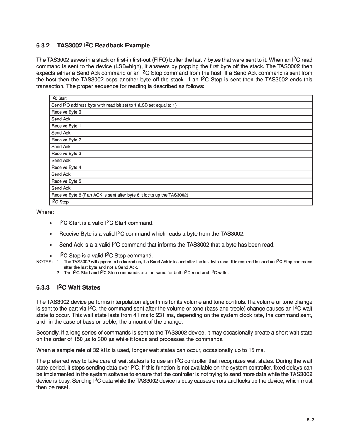Texas Instruments manual 6.3.2TAS3002 I2C Readback Example, 6.3.3I2C Wait States 