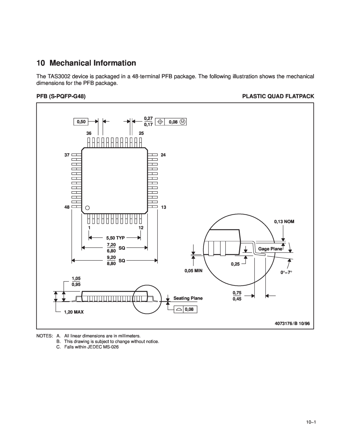 Texas Instruments TAS3002 manual Mechanical Information, PFB S-PQFP-G48, Plastic Quad Flatpack 
