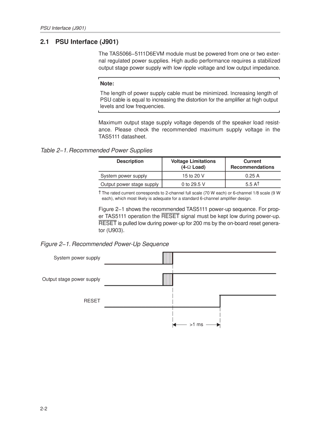Texas Instruments TAS5066PAG PSU Interface J901, 1. Recommended Power Supplies, Description Voltage Limitations Current 