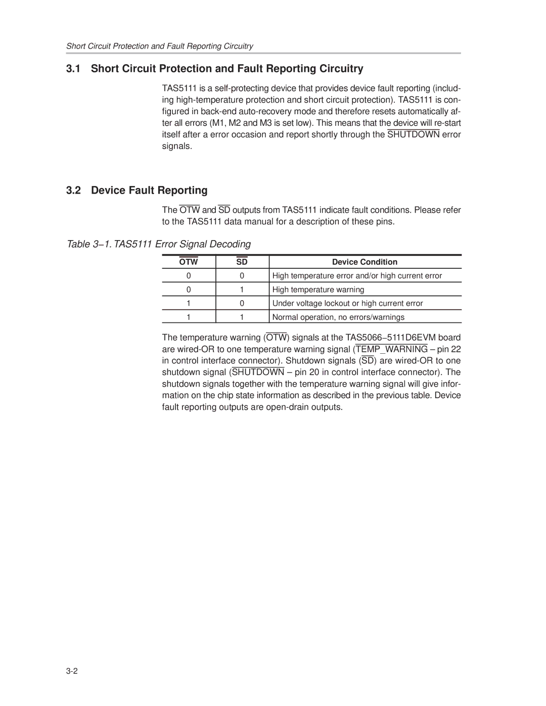 Texas Instruments TAS5066PAG manual Short Circuit Protection and Fault Reporting Circuitry, Device Fault Reporting, Otw 